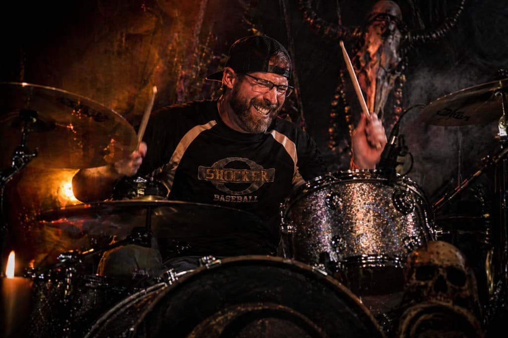 Mike Ingold of The James Pitts Band at the drum kit.